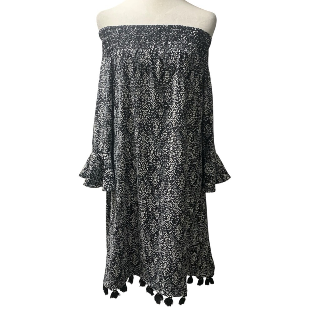 Cabana Life Large Off-Shoulder Black & White Tassel Dress Vacation Beach Resort